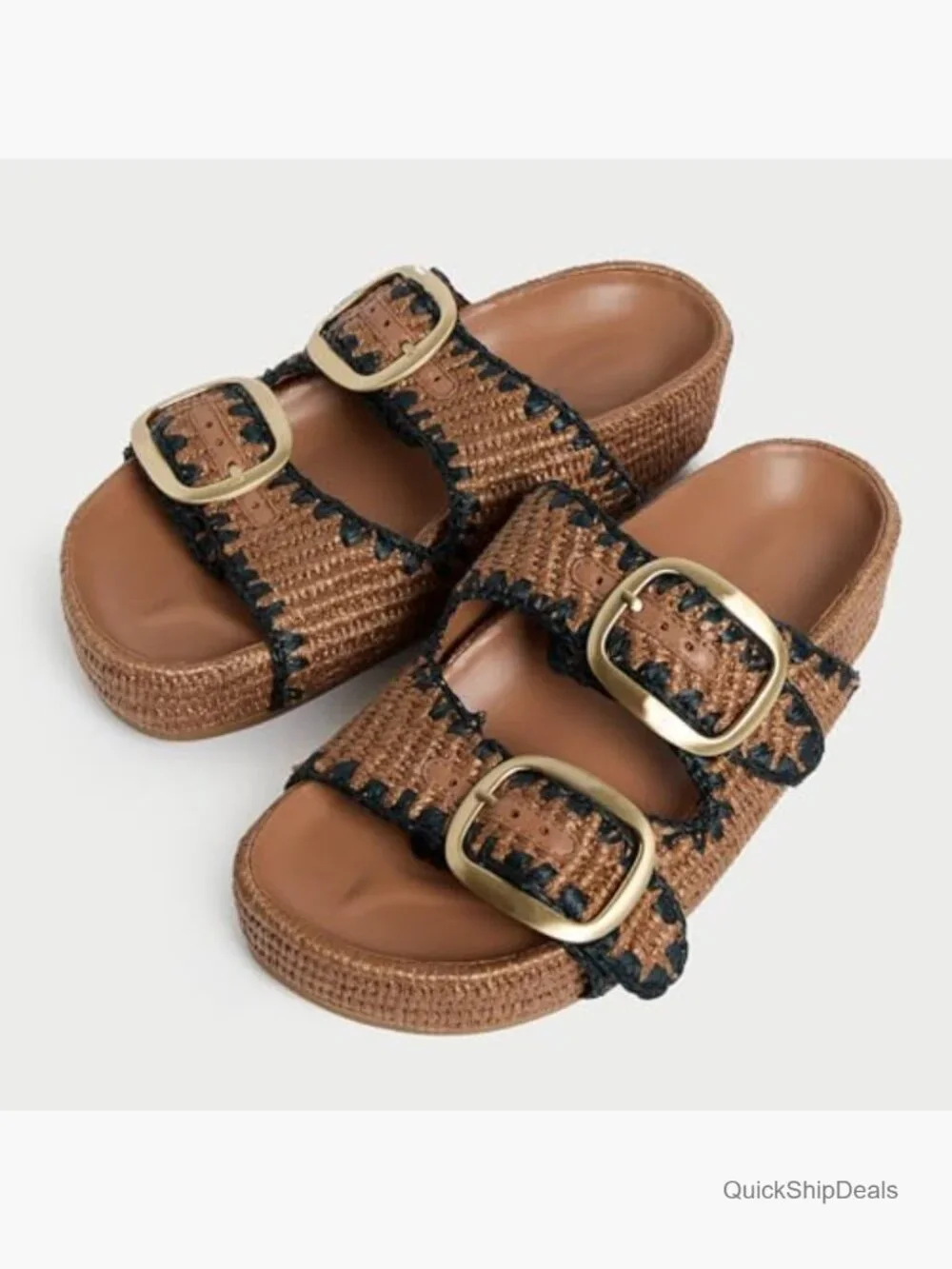 Woven Double-Buckle Espadrille Slide in Brown and Black Trim